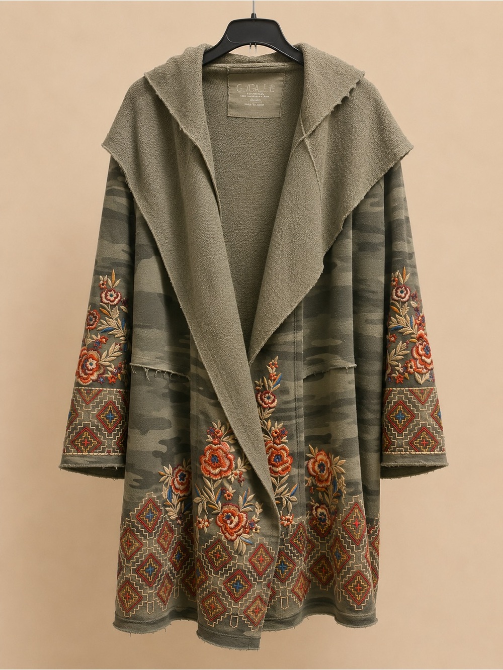 Olive Green Embroidered Hooded Sweater Coat